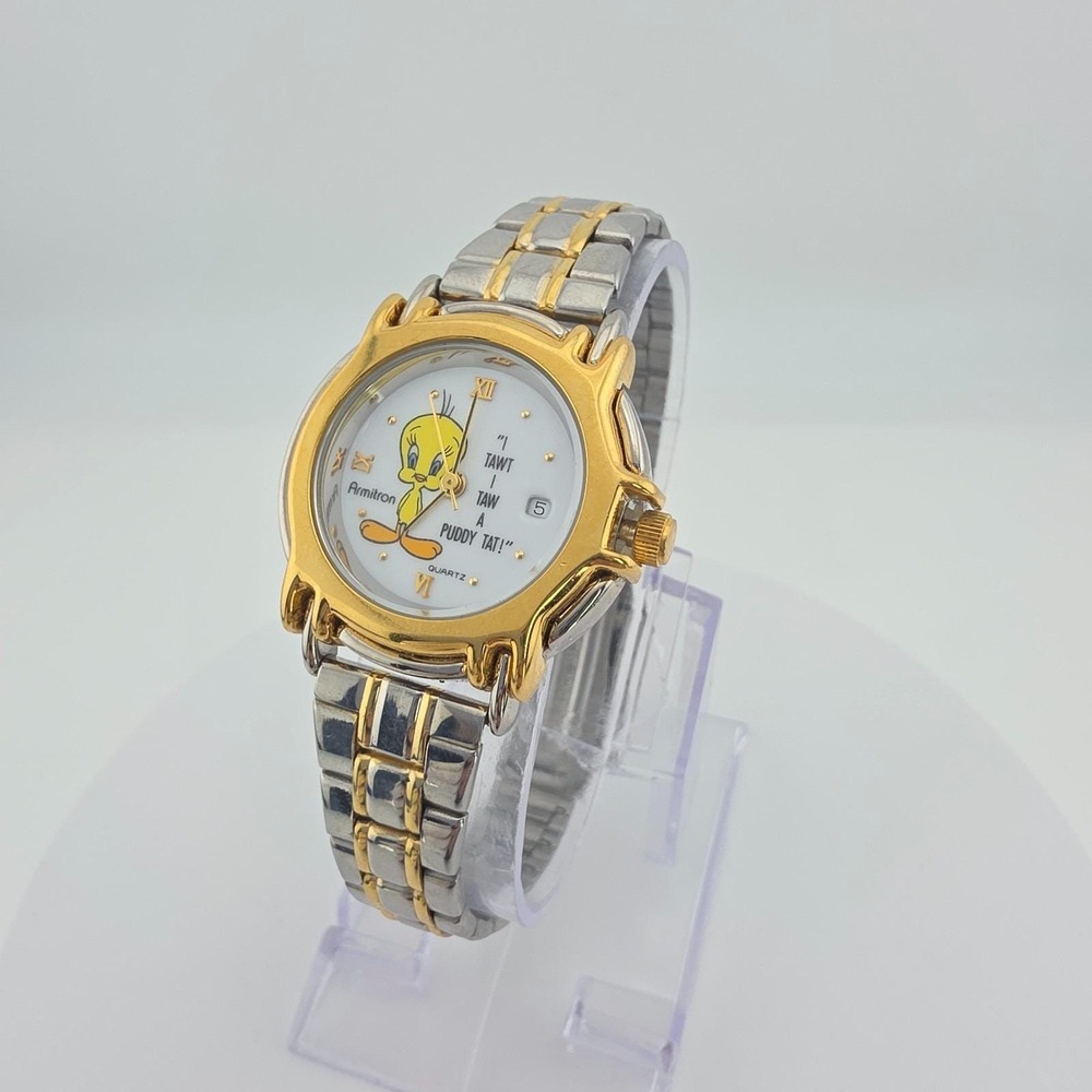 Vtg 1993 ARMITRON Ladies Watch Looney Tunes Tweety Bird Silver & Gold Tone 7.5"